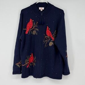 Quacker Factory Navy Blue Cardinal Beaded Zip Up Sweater XL Christmas Holiday